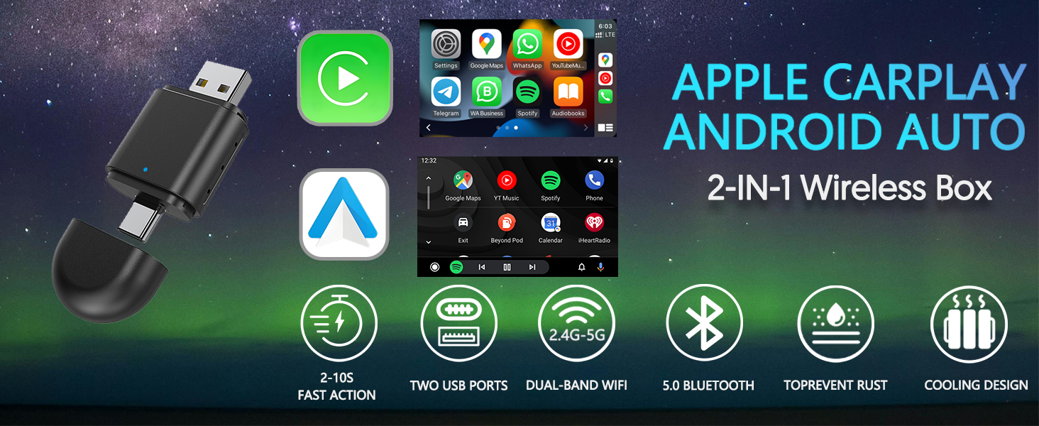 WireLess Apple Carplay & Android Carplay Auto Plug Smart Box USB&Type-c Adapter - Universal