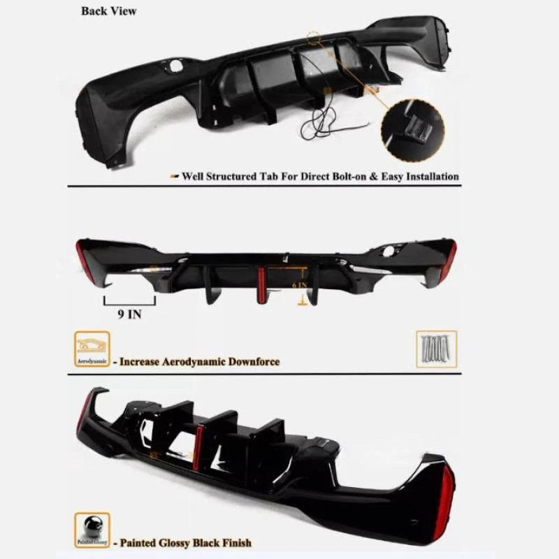 Gloss Black Rear Bumper Diffuser w/LED Light - BMW G30 530i 540i Sedan 2017-23