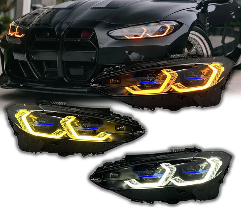 Laser Style upgrade Complete Headlight Set OEM White and CSL Yellow / Amber Switchable drl color - BMW G8X G80 M3 G82 M4 G22 4 Series 2021-2024