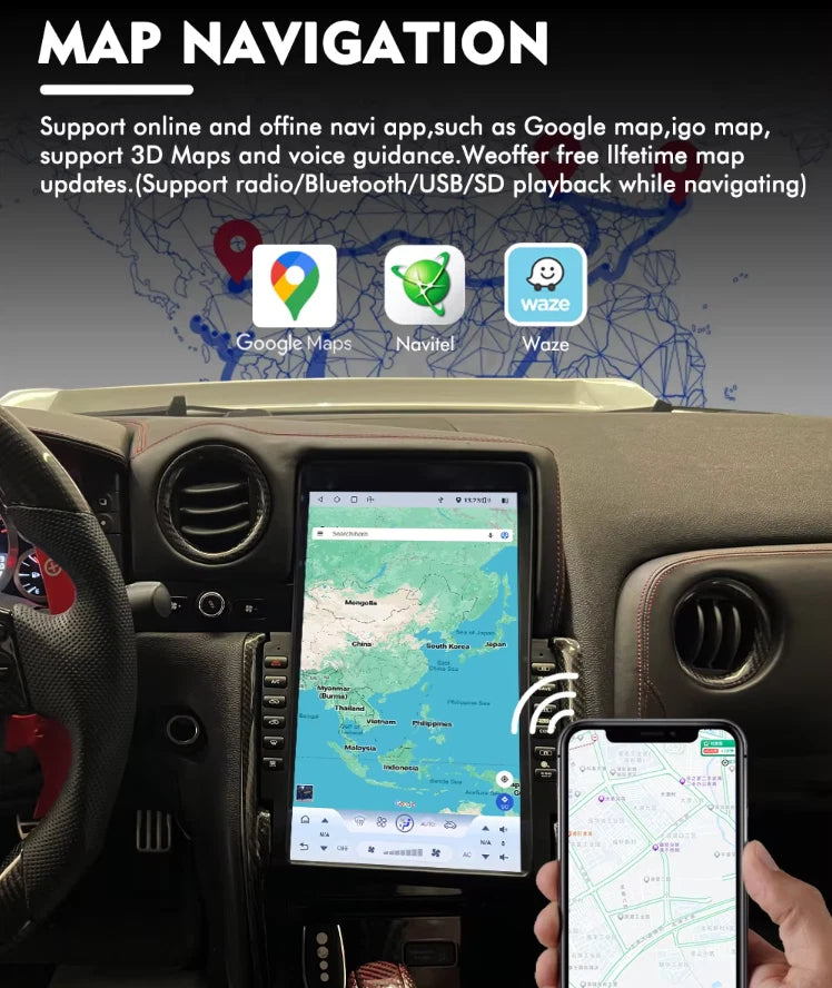 13.6'' Car Multimedia Screen Upgrade for Nissan GTR GT-R 2011-2017 Android Carplay GPS Navi 4G 360